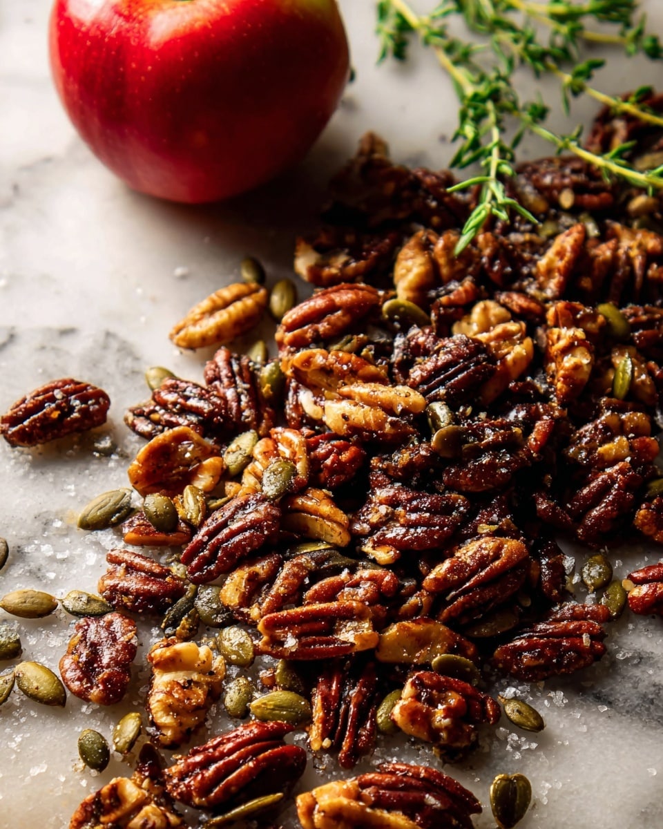 The image shows a close-up of a cluster of toasted pecans and pumpkin seeds mixed together, creating a textured pile with rich dark brown and golden yellow colors. The nuts and seeds are sprinkled with coarse salt flakes, giving a slight sparkle on their shiny, roasted surfaces. To the left side of the pile, there is a bright red apple resting next to fresh green herb sprigs on a white marbled surface. The light highlights the glossy and crunchy textures of the nuts and seeds beautifully. Photo taken with an iphone --ar 4:5 --v 7