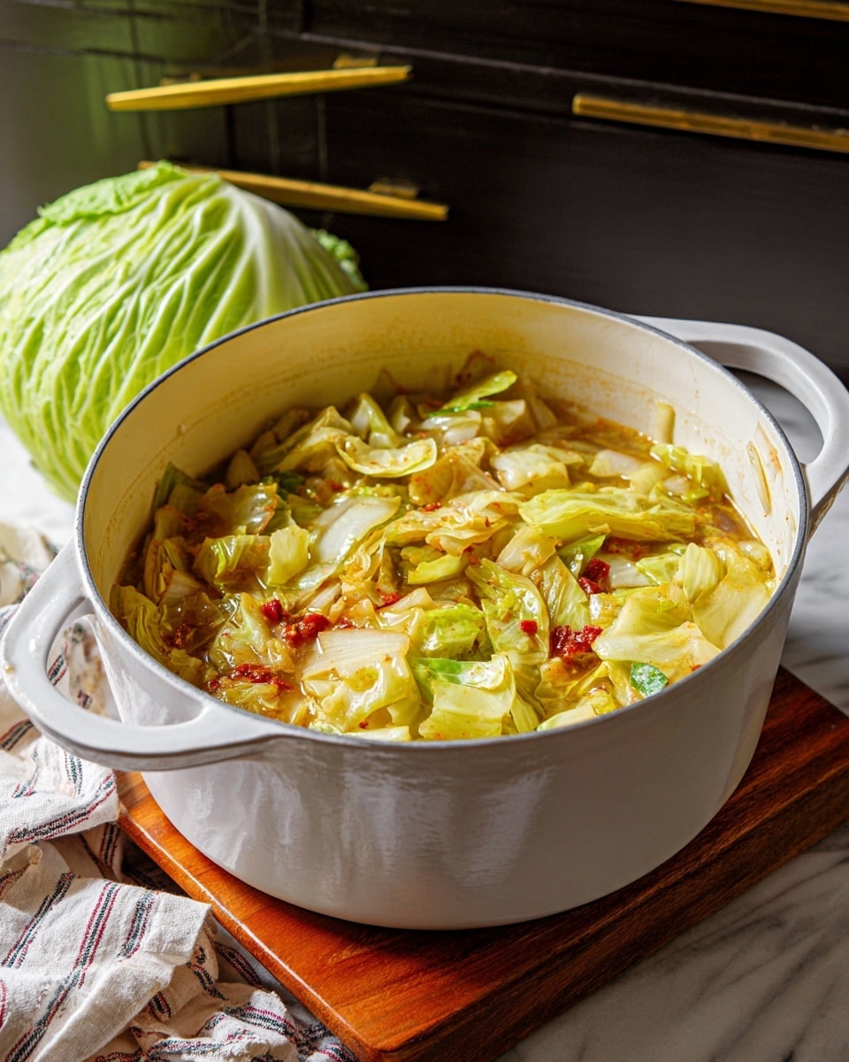 A white pot filled with a cooked cabbage dish, showing several layers of soft, light green and yellow cabbage pieces mixed with red and light brown bits, all sitting in a thin, slightly oily broth. The pot is placed on a wooden board over a white marbled surface with a striped cloth nearby. Behind the pot, a half head of fresh cabbage leans against a dark kitchen cabinet with golden handles. The overall scene has warm lighting highlighting the texture of the cabbage and broth photo taken with an iphone --ar 4:5 --v 7