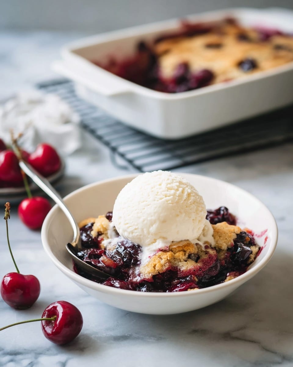 A white square ceramic dish filled with a layer of whole dark red cherries, some with pits removed, covering the bottom. On top of the cherries, there are ten scoops of light beige dough evenly spaced, with a soft texture and rough rounded shapes. The dish is placed on a white marbled surface. photo taken with an iphone --ar 4:5 --v 7