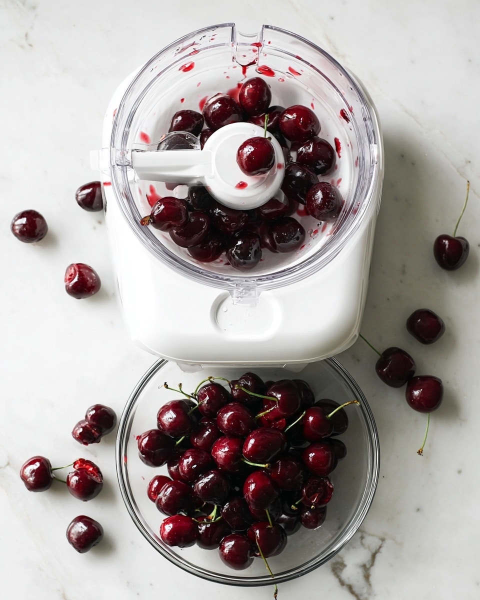 A clear glass bowl filled with dark red cherries sits on a white marbled surface directly below a white cherry pitter machine. The machine has whole cherries inside its top compartment, and one cherry is caught midway, being pushed down through the pitting area with some cherry juice splashes visible. Around the machine on the white marbled surface, a few whole cherries with stems are placed. The scene shows a clean and simple setup focused on the cherries and the white cherry pitter. photo taken with an iphone --ar 4:5 --v 7