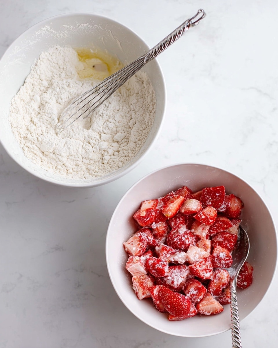 The image shows two white bowls on a white marbled surface. The bowl on the left contains dry ingredients like flour with a few wet spots, and a metal whisk is placed inside it, partially covered with flour. The bowl on the right holds chopped strawberries coated with white powder, likely sugar or flour, mixed with a spoon that has a shiny, twisted handle. The strawberries are bright red with pale white areas from the coating. The scene is well-lit with soft natural light and a clean, simple kitchen atmosphere photo taken with an iphone --ar 4:5 --v 7