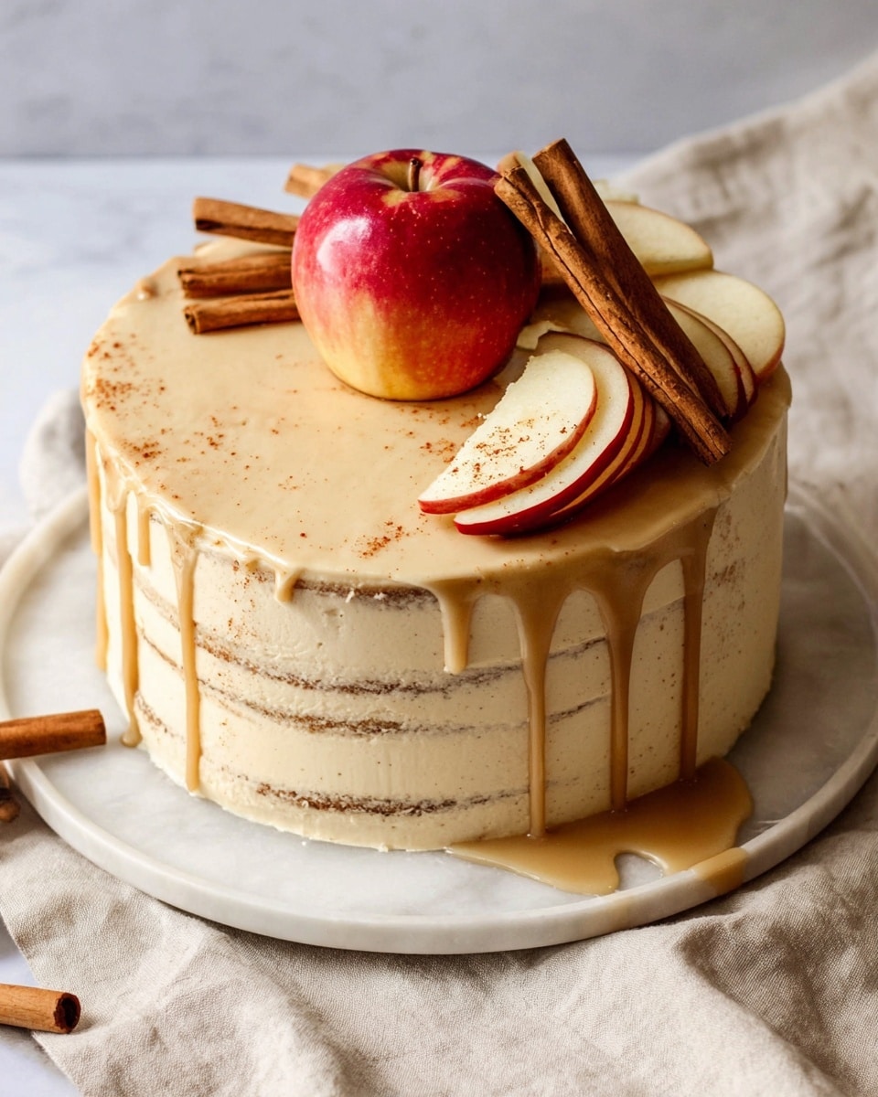 A two-layer round cake with a creamy light beige frosting that is smoothly spread over the sides and top, showing faint cake layers through the thin frosting on the sides. The top has light brown syrup dripping over the edges, pooling on a white marbled plate. On top of the cake, there is a whole red and yellow apple in the center, surrounded by cinnamon sticks and some sliced apple pieces arranged next to the cinnamon sticks. The background is a soft beige cloth over a white marbled surface. Three slices have been partially cut into the cake near the front, revealing the soft texture inside. Photo taken with an iphone --ar 4:5 --v 7