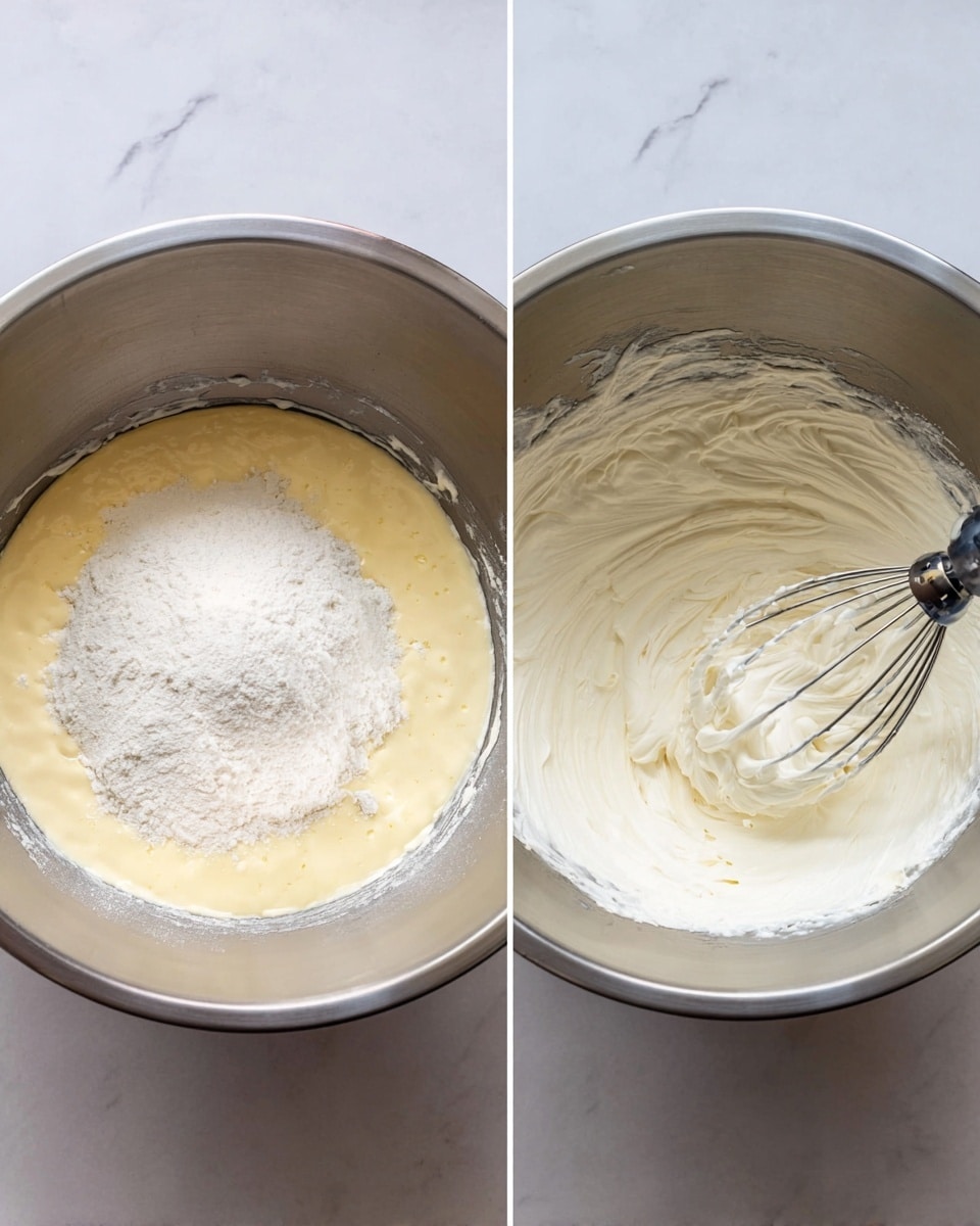 Two side-by-side images show the process of mixing cream in a large stainless steel bowl placed on a white marbled surface. The left image shows the first stage with a yellowish cream base and a heap of white powder on top, resting still. The right image captures the whipped cream stage, fluffy and thick, pale white in color, with a metal whisk attachment resting inside the bowl. The background is simple and uncluttered, highlighting the mixing stages. photo taken with an iphone --ar 4:5 --v 7