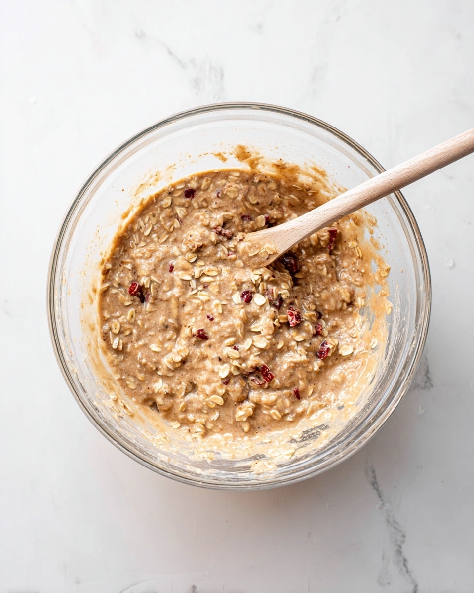 A clear glass bowl sits on a white marbled surface, filled with a thick mixture containing light golden oats, small pieces of red fruit or vegetable, and bits of beige and brown, all mixed into a light brown, creamy batter. A wooden spoon with a light handle rests inside the bowl, partially submerged in the mix, showing the texture of the oats and other ingredients. The edges of the bowl are lightly coated with the batter, adding to the natural look of the mixture. photo taken with an iphone --ar 4:5 --v 7