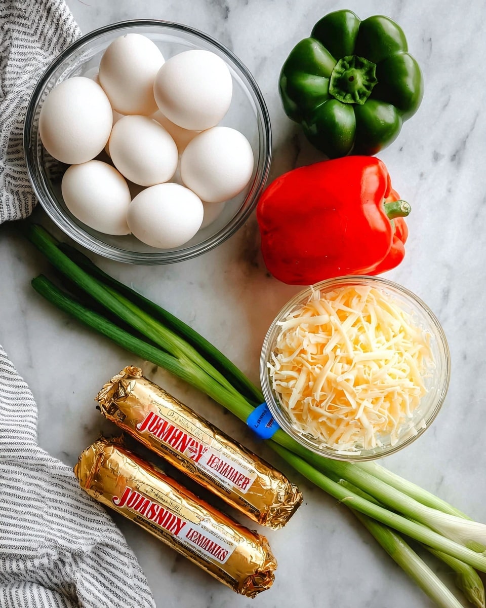 The image shows a white marbled surface with fresh cooking ingredients neatly arranged. There are two clear glass bowls; one filled with white eggs stacked up and the other with shredded pale orange cheese. Next to them, two raw Jimmy Dean sausage rolls wrapped in shiny gold packaging lay side by side. A bunch of green onions tied with a blue band is placed diagonally across the scene. Above the eggs, two whole bell peppers sit prominently—one bright red and the other deep green. A light grey and white striped cloth is also partially visible on the left side of the frame. photo taken with an iphone --ar 4:5 --v 7