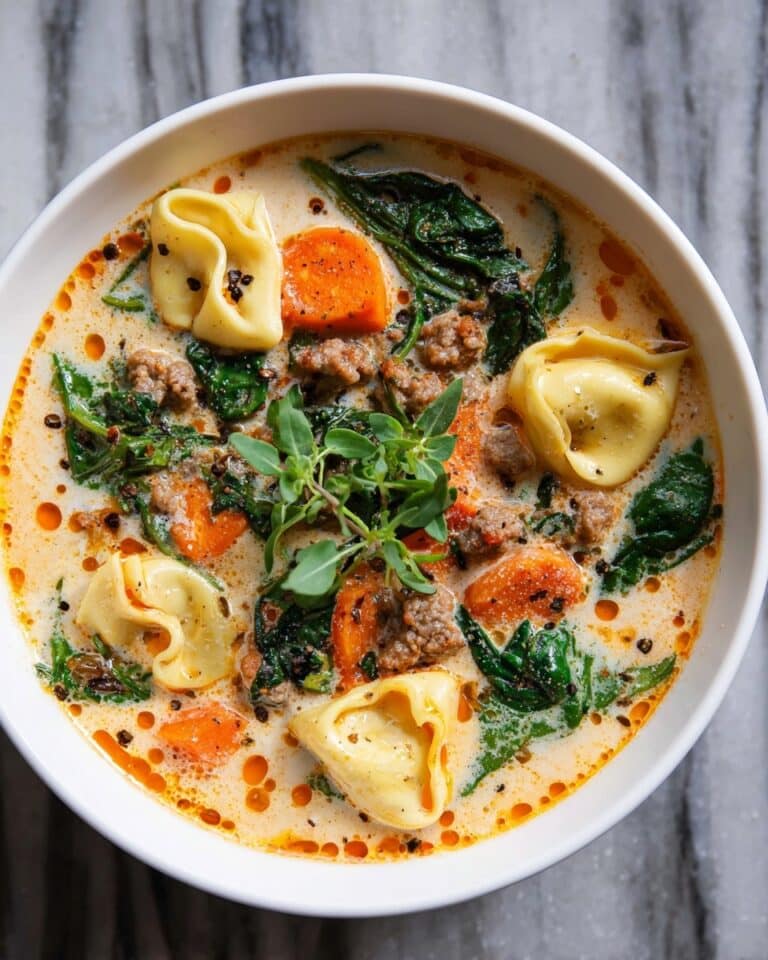 Creamy Sausage Tortellini Soup with Sweet Potatoes and Spinach Recipe