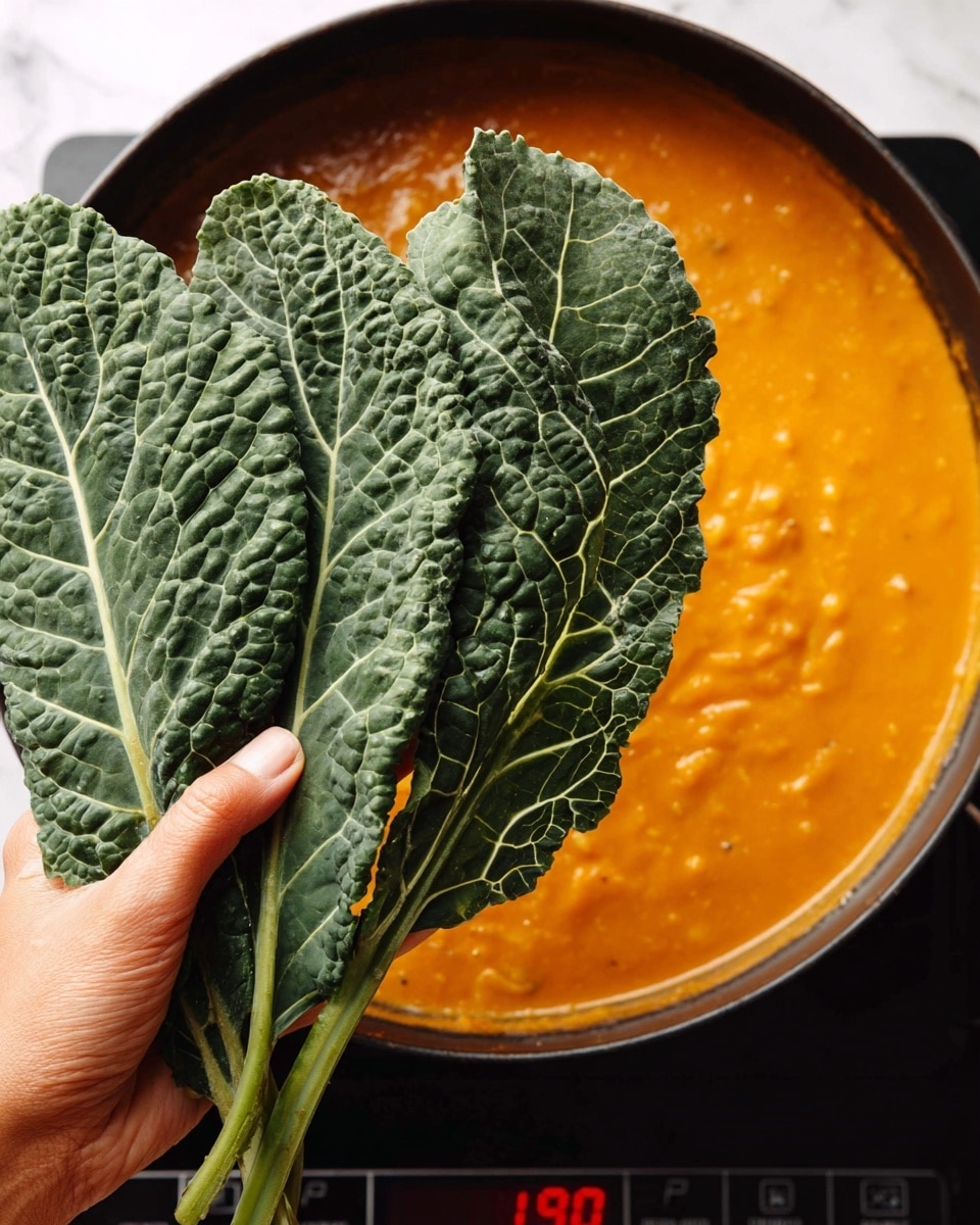 A close-up image shows a woman's hand holding three large dark green leaves with a bumpy texture and light veins, positioned above a pot filled with a thick, bright orange soup that has small visible chunks. The pot is black and sitting on a stove with a visible temperature display reading 180, against a white marbled surface background. The colors highlight the contrast between the dark green leaves and the vibrant orange soup. photo taken with an iphone --ar 4:5 --v 7