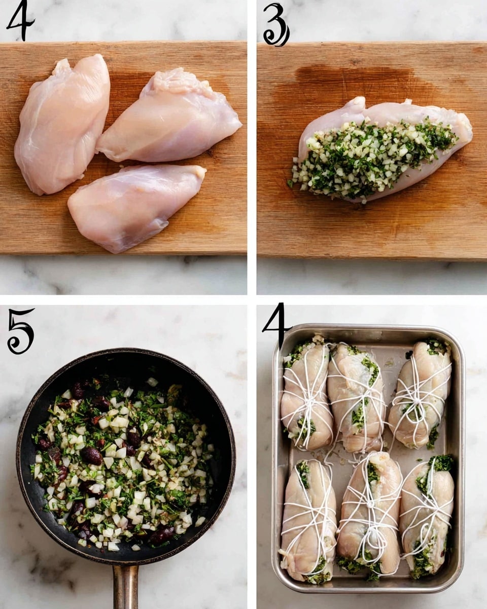 The collage shows four steps of making stuffed chicken. In the first image, five raw chicken fillets with a pale pink color lie flat on a light brown wooden cutting board. The second image shows a black pan with a mix of green chopped herbs, white onion pieces, and small dark red pieces cooking over a white marbled surface. The third image displays one raw chicken fillet on the same wooden board, topped with a layer of the cooked herb and onion mix spread in the middle, next to a ball of white kitchen string. The last image shows several chicken fillets tightly tied with white string, filled with greens and onions, placed together in a silver tray on a white marbled surface. Photo taken with an iphone --ar 4:5 --v 7