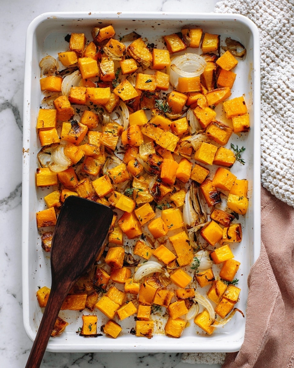 The image shows a white rectangular baking tray filled with roasted cubed orange and yellow squash pieces. They are mixed with thin, soft, slightly browned slices of onion scattered between the squash. The squash cubes have a crispy, lightly charred texture on some edges, showing a golden brown color on top of the vibrant orange and yellow shades. Small bits of green herbs are spread throughout the tray. A dark wooden spatula is visible in the bottom left corner resting partly on the tray. The tray sits on a white marbled surface with a textured white cloth on the right and a pale pink cloth on the left, adding a soft contrast. Photo taken with an iphone --ar 4:5 --v 7