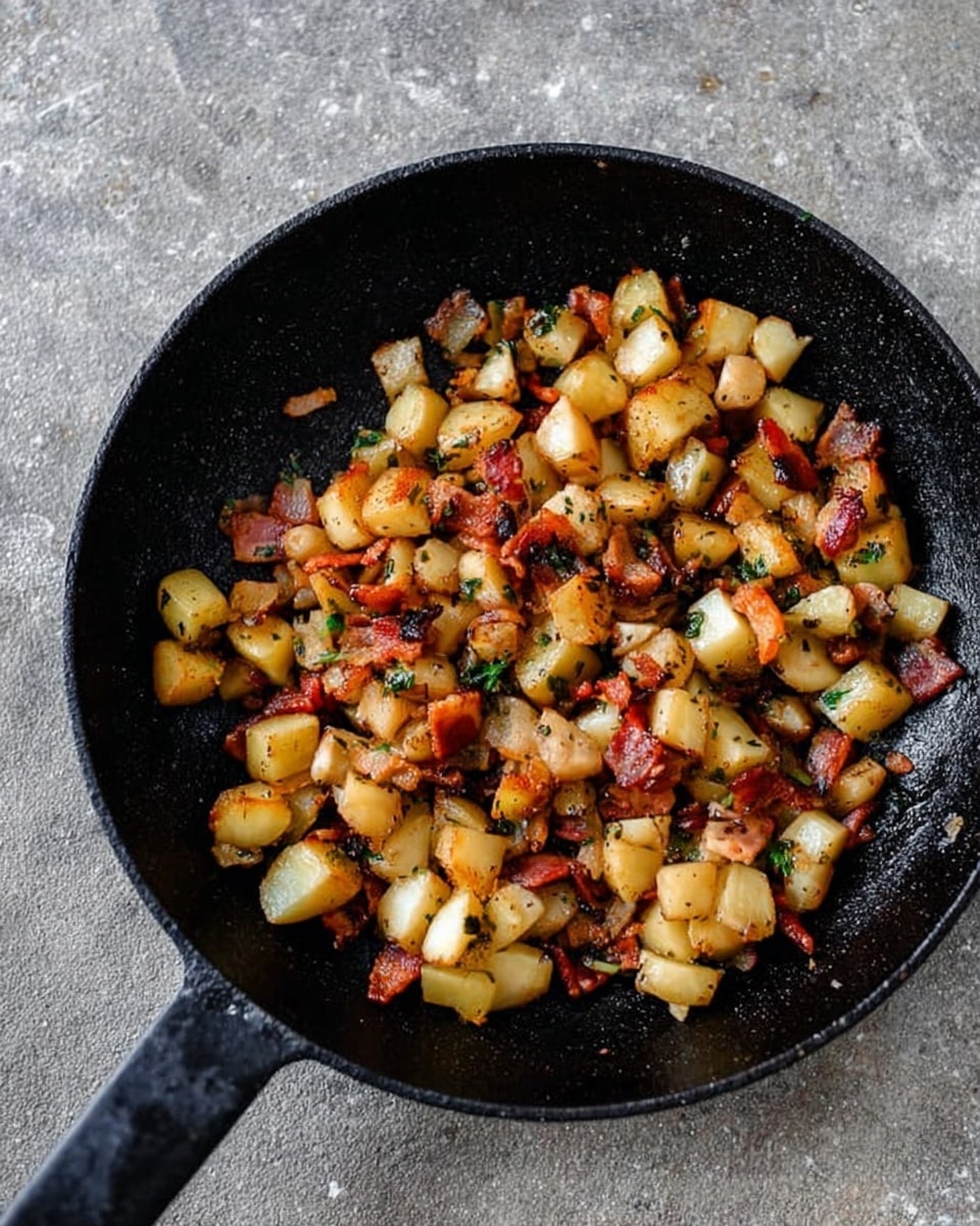 A black cast iron pan filled with small pieces of cooked light golden potatoes mixed with bits of crispy reddish-brown bacon and some green herbs, all sitting on a textured gray surface. The food has a shiny, slightly oily look, and the pan handle points toward the bottom left corner of the image. Photo taken with an iphone --ar 4:5 --v 7