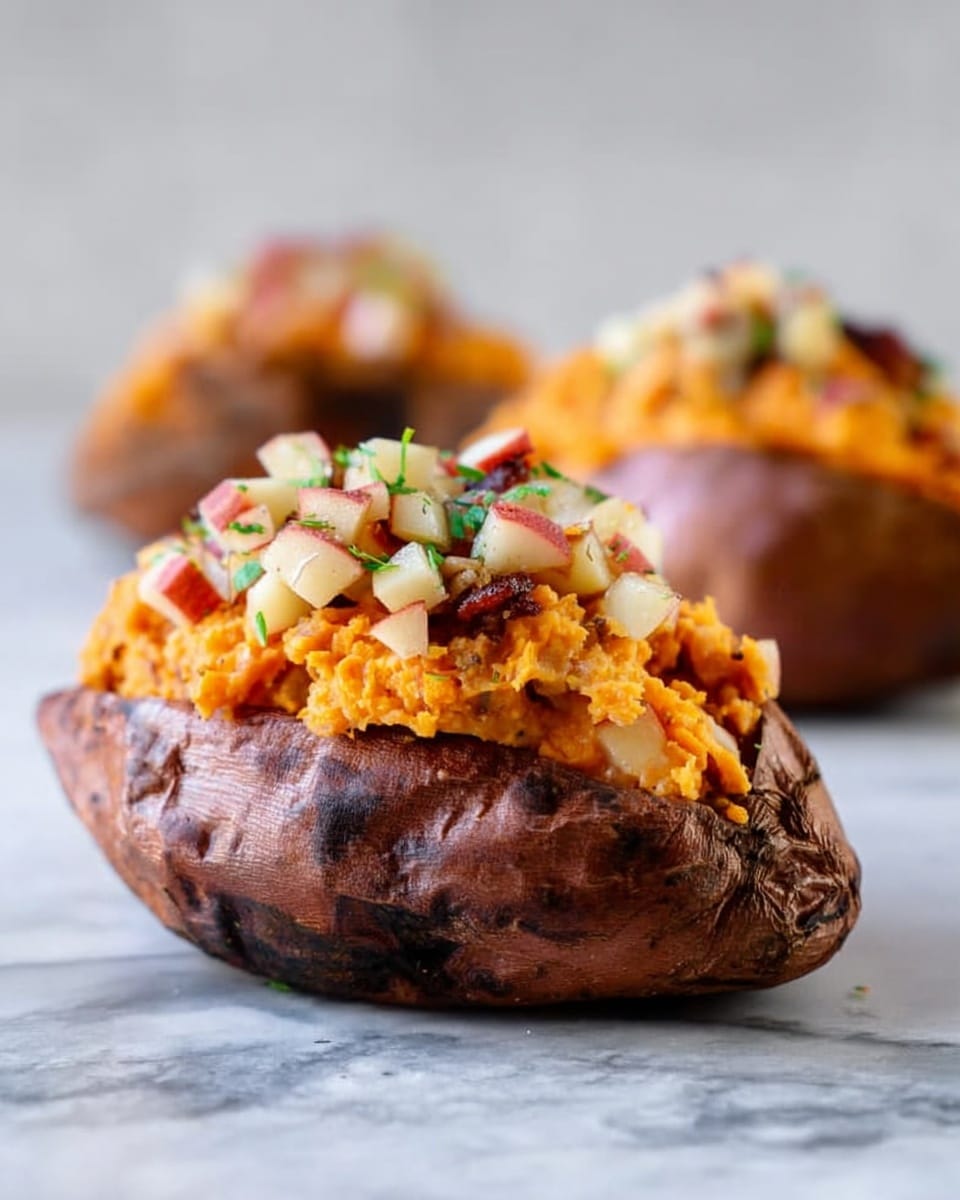 The image shows two baked sweet potatoes with dark, slightly wrinkled skin, each split open and filled with bright orange mashed sweet potato. On top of the mashed potato layer, there is a layer of small diced fruit pieces in light cream and pink colors, likely apples, mixed with some green herbs. The sweet potatoes rest on a white marbled surface with soft lighting, and the focus is more on the potato in the front, while the second potato is slightly blurred in the background. Photo taken with an iphone --ar 4:5 --v 7