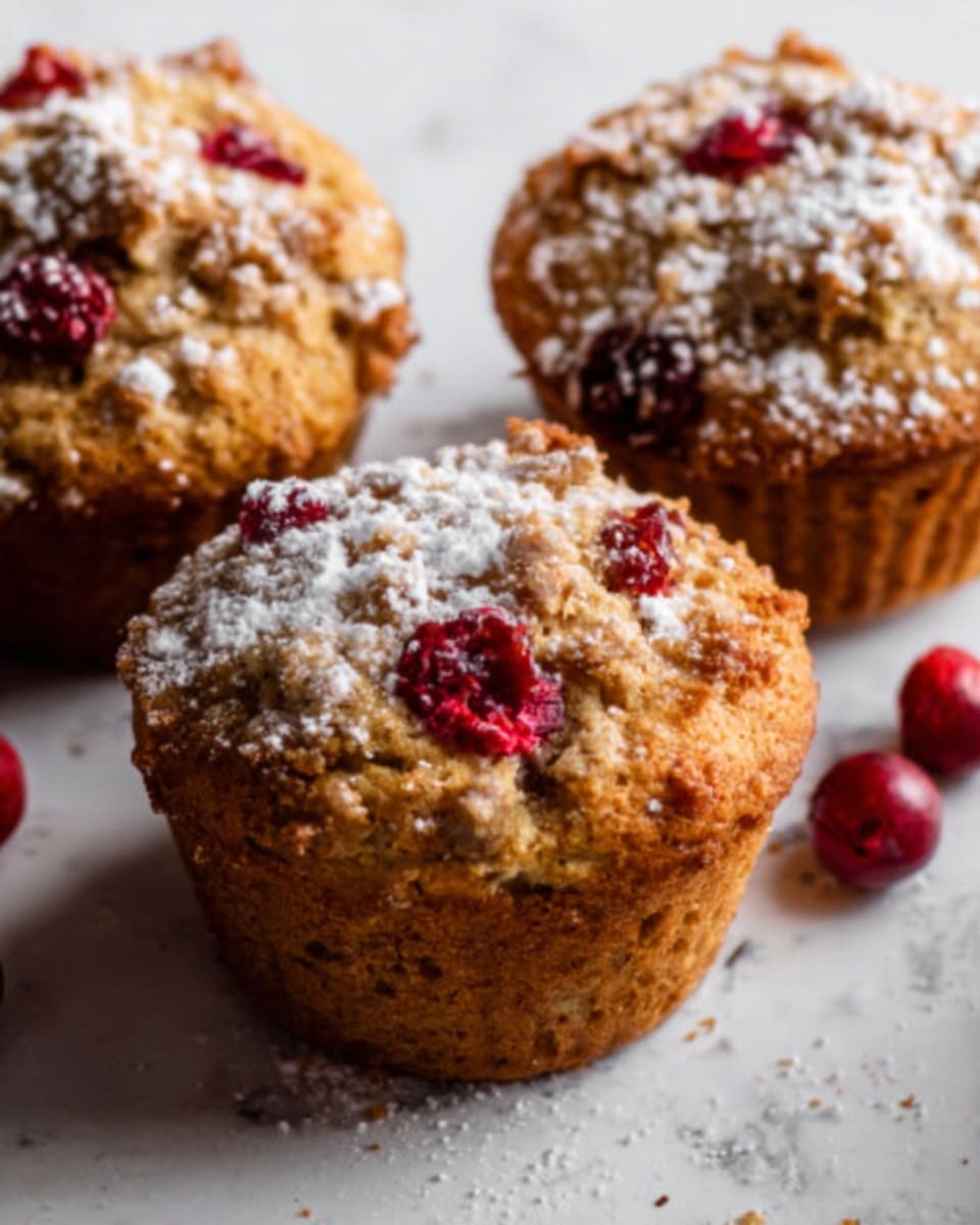 The image shows three golden brown muffins with rough tops dusted lightly with white powdered sugar. Each muffin has bright red berries partly embedded on their surface, adding a splash of color. The muffins sit on a white marbled surface, with a few loose berries scattered around them. The texture of the muffins looks crumbly and soft, with small visible cracks and a slightly uneven shape, giving a fresh, homemade feel. photo taken with an iphone --ar 4:5 --v 7