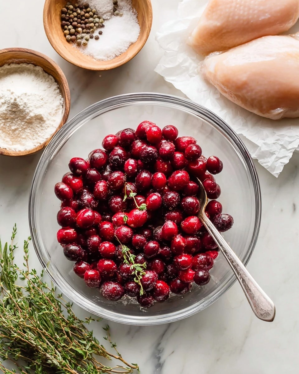 A clear glass bowl filled with bright red cranberries coated in a dark spice mixture sits in the center on a white marbled surface. A metal spoon rests inside the bowl on the right side. Above to the left, there are two pale raw chicken pieces placed on white paper. Above the bowl, two small wooden bowls contain salt and mixed peppercorns. Below the bowl to the left is a small round white bowl filled with white flour, while to the right are fresh sprigs of green rosemary and thyme. The photo taken with an iphone --ar 4:5 --v 7