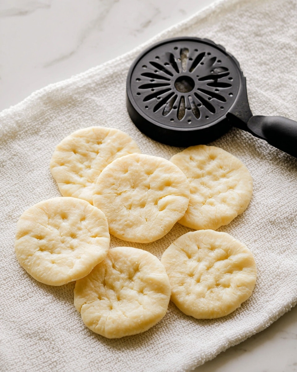 Several round, pale yellow dough pieces with soft, textured surfaces lie flat on a white textured cloth. Above the dough pieces is a black press tool with a round, perforated flat base and a handle arching upward. The dough discs show slight indentations and uneven edges. The background features a clean white marbled texture. photo taken with an iphone --ar 4:5 --v 7