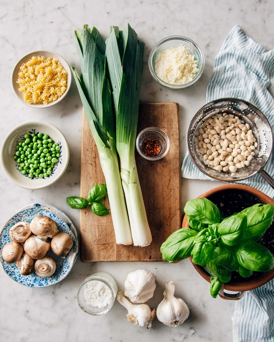 The image shows a white marbled surface with various fresh ingredients arranged neatly. At the center is a wooden cutting board holding two large green leeks and a small bunch of green basil leaves. Nearby there is a small round glass bowl filled with white grated cheese. To the left, multiple small white bowls contain yellow pasta, green peas, and white cream. A small blue and white patterned dish holds five whole mushrooms with a light brown cap. There is also a small glass container with red chili flakes. On the right side, a white colander with white beans inside rests partially on a striped blue and white cloth. Below, a brown terracotta pot has fresh green basil growing in soil. Near the colander, several white garlic bulbs lie on the marbled surface. The photo taken with an iphone --ar 4:5 --v 7