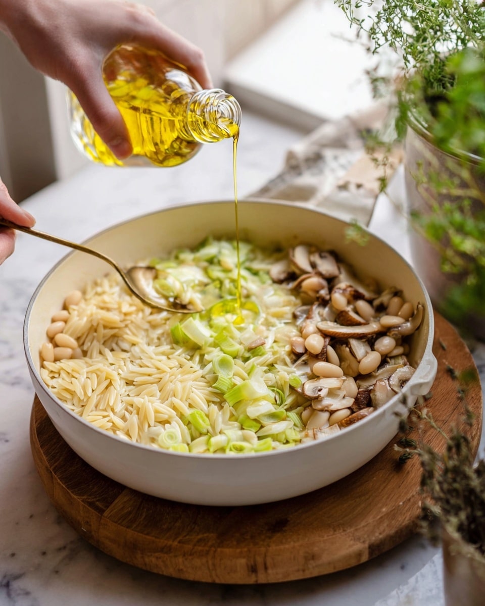 A white pan on a wooden board holds a creamy dish with three main layers: the bottom layer is light yellow or white orzo pasta mixed with soft, pale beige beans, the middle layer contains chopped green and white leeks, and the top layer features sliced mushrooms with a slight brown tone. A woman's hand is pouring golden olive oil from a small glass bottle onto the dish while stirring with a spoon. The scene has some steam rising from the pan, and the background is a white marbled texture with some green herbs in a pot nearby. photo taken with an iphone --ar 4:5 --v 7