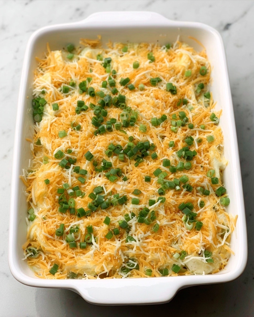 The image shows a white rectangular baking dish filled with a layered casserole topped with shredded cheese mixed with green chopped onions scattered evenly across the surface. The cheese layer appears melted and golden yellow with some white cheese strands, and the dish sits on a white marbled surface. photo taken with an iphone --ar 4:5 --v 7