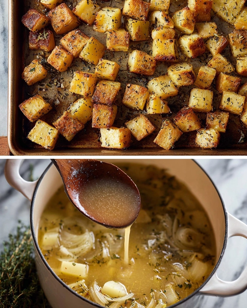 The top image shows golden-brown roasted potato cubes mixed with cream-colored onion pieces, all coated with small green herb leaves and black pepper specks, arranged closely on a baking tray with a slightly greasy surface. The potato cubes have crispy, browned edges and a soft yellow interior texture. The bottom image features a lit white pot filled with a simmering mixture of light yellow potato chunks, translucent onion slices, and herbs floating in a clear broth. A wooden ladle held above pours a light golden liquid into the pot, with steam rising in the background. The setting is on a white marbled surface with some green herb sprigs near the pot. photo taken with an iphone --ar 4:5 --v 7