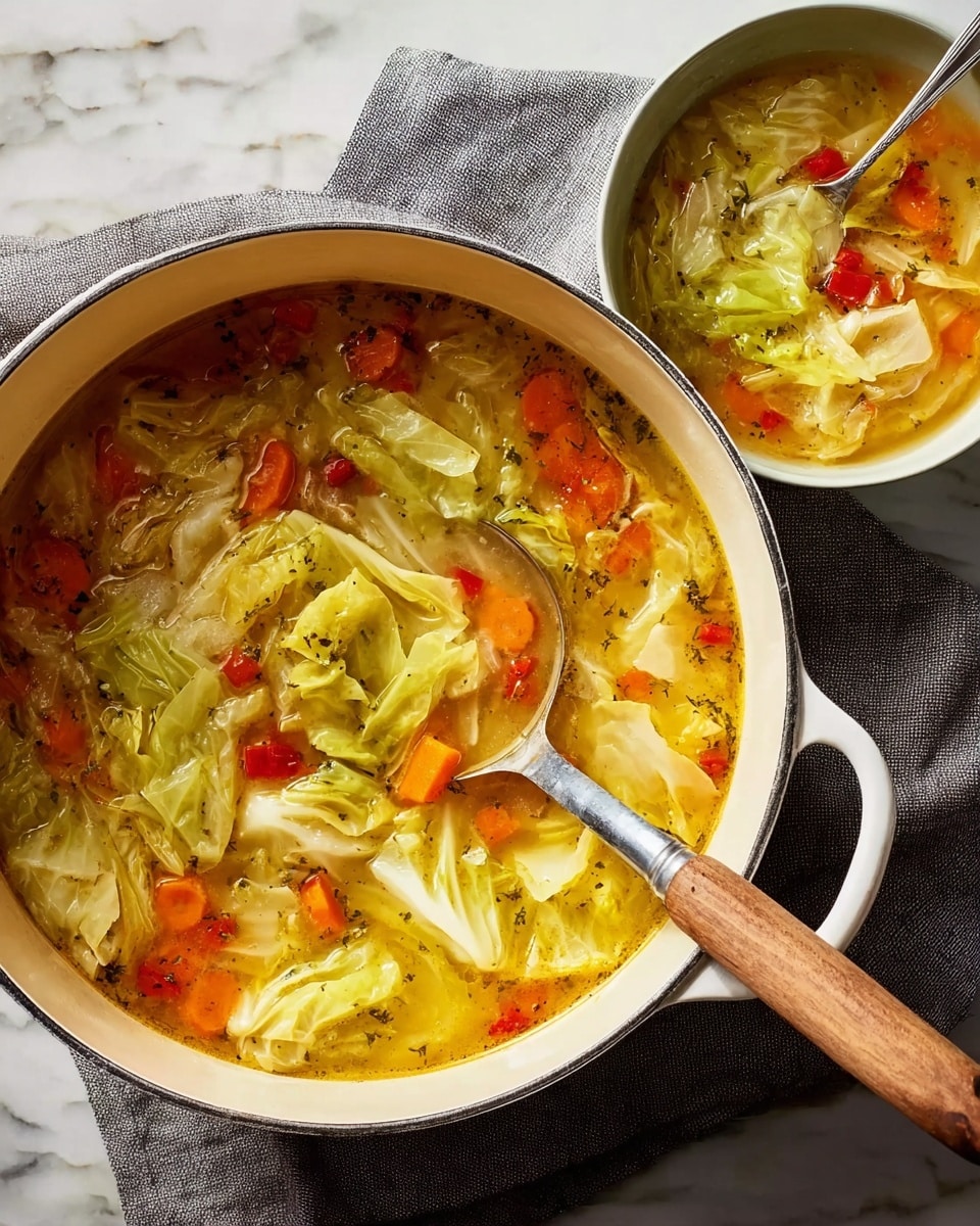 A white pot filled with soup showing several layers of large, soft-looking green cabbage pieces floating in a clear, golden broth. Bright orange carrot chunks and small red bell pepper pieces are mixed evenly among the cabbage. A metal ladle is resting inside the pot on the right side. Next to the pot, there is a white bowl containing a smaller serving of the soup with similar vegetable pieces and broth, and a metal spoon inside the bowl. The pot and bowl sit on a gray cloth, placed on a white marbled textured surface. Photo taken with an iphone --ar 4:5 --v 7
