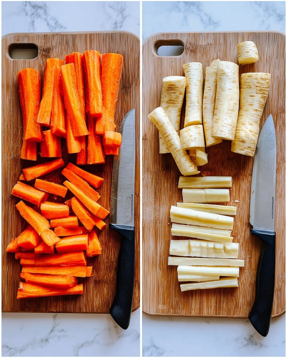 The image shows two wooden cutting boards on a white marbled surface, each with chopped vegetables and a knife with a black handle and silver blade on the right side. The left cutting board has nine thick, whole carrot pieces in a bright orange color arranged at the top and a few large parsnip pieces with a pale cream color and rough texture at the bottom. The right cutting board displays the same carrot pieces now cut into smaller sticks stacked in two piles at the top, and the parsnips also cut into smaller sticks arranged in two piles at the bottom, forming neat bars. The knife lies unchanged alongside the vegetables on both boards. Photo taken with an iphone --ar 4:5 --v 7