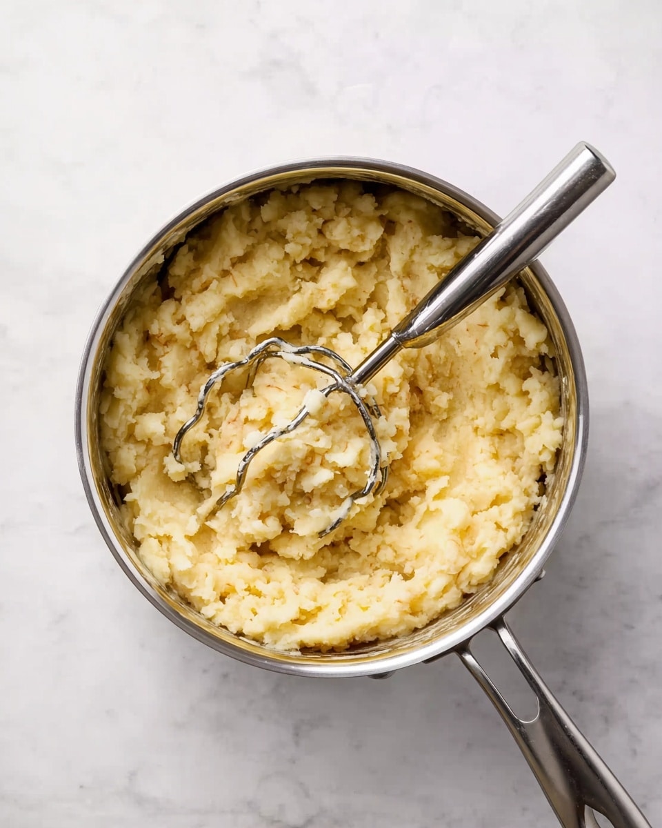 A round silver metal pot filled with pale yellow mashed potatoes, showing a soft, chunky texture. Inside the pot, a stainless steel potato masher with a round head and a sturdy handle rests on the mashed potatoes. The pot and potato masher are placed on a white marbled surface. The mashed potatoes look warm and creamy with some small lumps. photo taken with an iphone --ar 4:5 --v 7