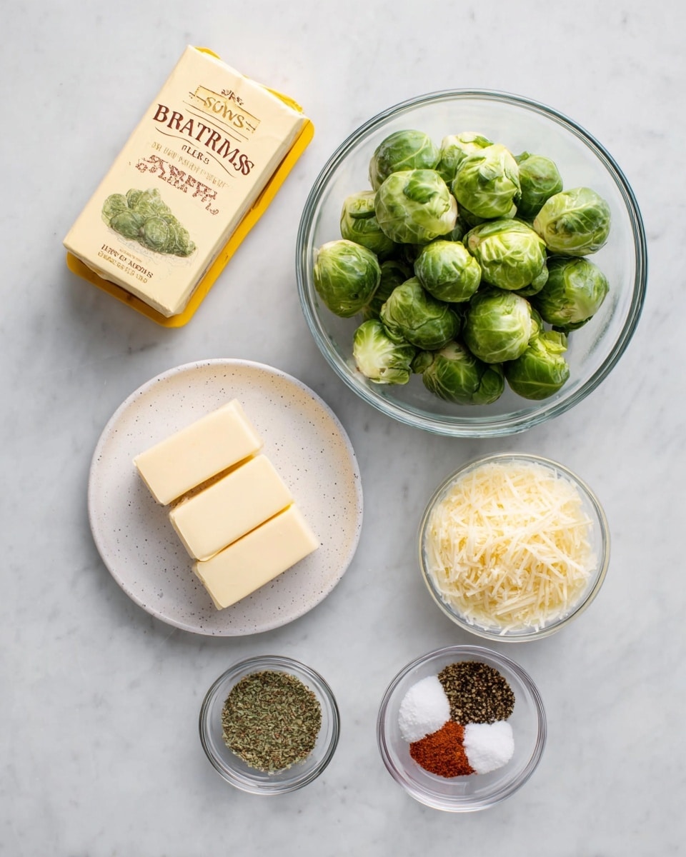 The image shows a few ingredients neatly arranged on a white marbled surface. In the center, there is a clear glass bowl filled with fresh bright green Brussels sprouts. Above it is a yellow and white rectangular box of Danish Creamery premium sea salted butter. To the left, a small white speckled plate holds a stick of butter cut into four even segments. Below the plate, a clear glass bowl contains finely grated pale yellow cheese. Towards the right side, two small clear glass bowls hold spices: the top bowl has green dried herbs, and the bottom bowl shows a mix of red, white, black, and beige spices. Photo taken with an iphone --ar 4:5 --v 7