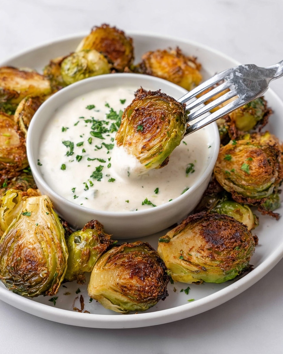 A white plate holds several roasted Brussels sprouts, each showing a golden brown crispy outer layer with small green leaves visible. In the plate’s center, a small white bowl is filled with thick, creamy white dipping sauce, sprinkled with chopped green herbs on top. A fork holds one roasted Brussels sprout dipped halfway into the sauce, highlighting its crunchy browned surface and smooth sauce texture. The scene is set on a white marbled surface photo taken with an iphone --ar 4:5 --v 7