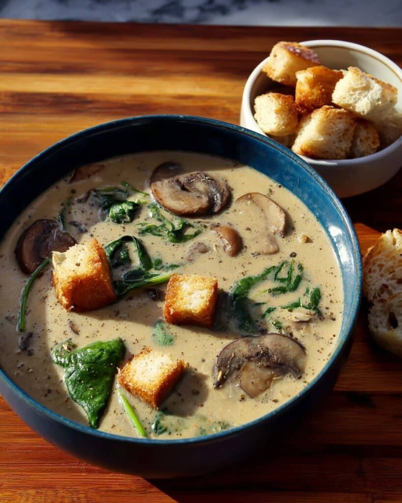 Mushroom Spinach Soup with Croutons Recipe