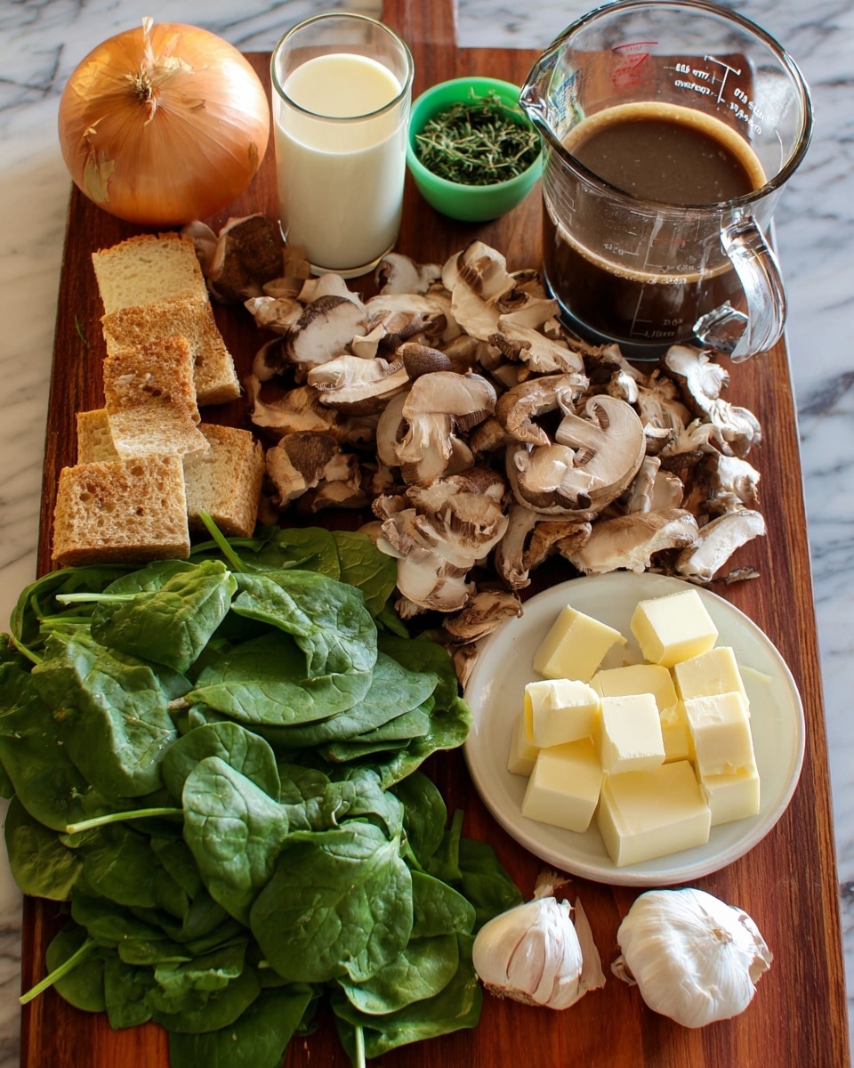 The image shows a wooden board with fresh cooking ingredients arranged on it. Starting from the left side, a bunch of fresh green spinach leaves lies spread out with small cubes of light brown, toasted bread in front of them. Above the spinach is a whole yellow-brown onion and a small green container of thyme. In the center, there is a large pile of sliced brown mushrooms with a glass measuring cup of light yellow milk placed behind them and a glass jug filled with a dark brown liquid. To the right of the mushrooms, there is a small white plate holding several pale yellow cubes of butter. In the bottom right corner, two cloves of white garlic rest on the board. The background is a white marbled surface. photo taken with an iphone --ar 4:5 --v 7
