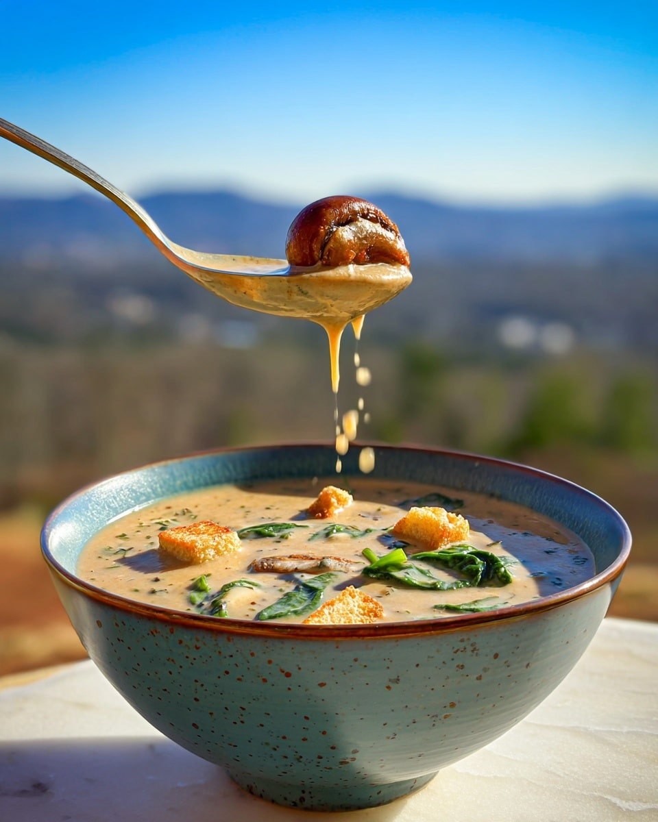 A blue bowl on a white marbled texture holds a creamy soup with a light brown color and visible specks of herbs. Inside the soup are pieces of green spinach leaves, brown mushroom slices, and small cubes of light orange bread. Above the bowl, a spoon lifts a round brown mushroom piece sitting on top of the thick soup, with drops of soup falling back into the bowl. The background shows a blurred view of distant hills under a bright blue sky. photo taken with an iphone --ar 4:5 --v 7