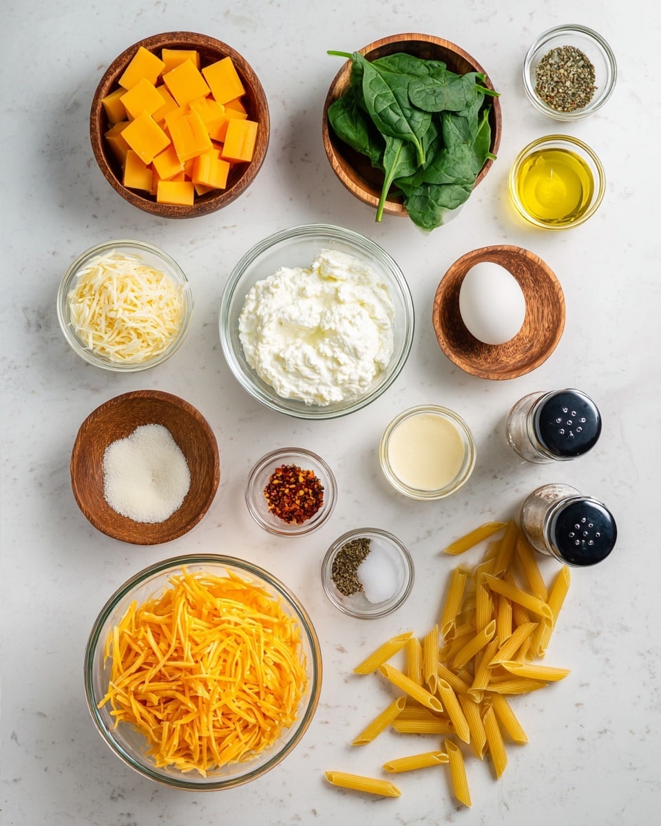 The image shows a flat lay of cooking ingredients arranged on a white marbled surface. At the bottom right, a glass jar tipped over spills yellow penne pasta, which leads to a clear glass bowl filled with bright orange cubed cheese at the bottom left. Above the cheese, there is a small wooden bowl holding a single white egg. In the center, a clear glass bowl contains white creamy ricotta cheese, surrounded by small wooden bowls and glass containers holding grated cheese in two shades of pale yellow, fresh dark green spinach leaves, olive oil in a small glass bowl, and water in another glass bowl. Three small wooden bowls hold seasonings, one with a light beige powder, one with dark dried herbs, and one with red chili flakes. Two small glass jars with black tops labeled S and P, likely salt and pepper, are placed near the top right. The arrangement is tidy and well spaced, the colors bright against the white marbled background. Photo taken with an iphone --ar 4:5 --v 7