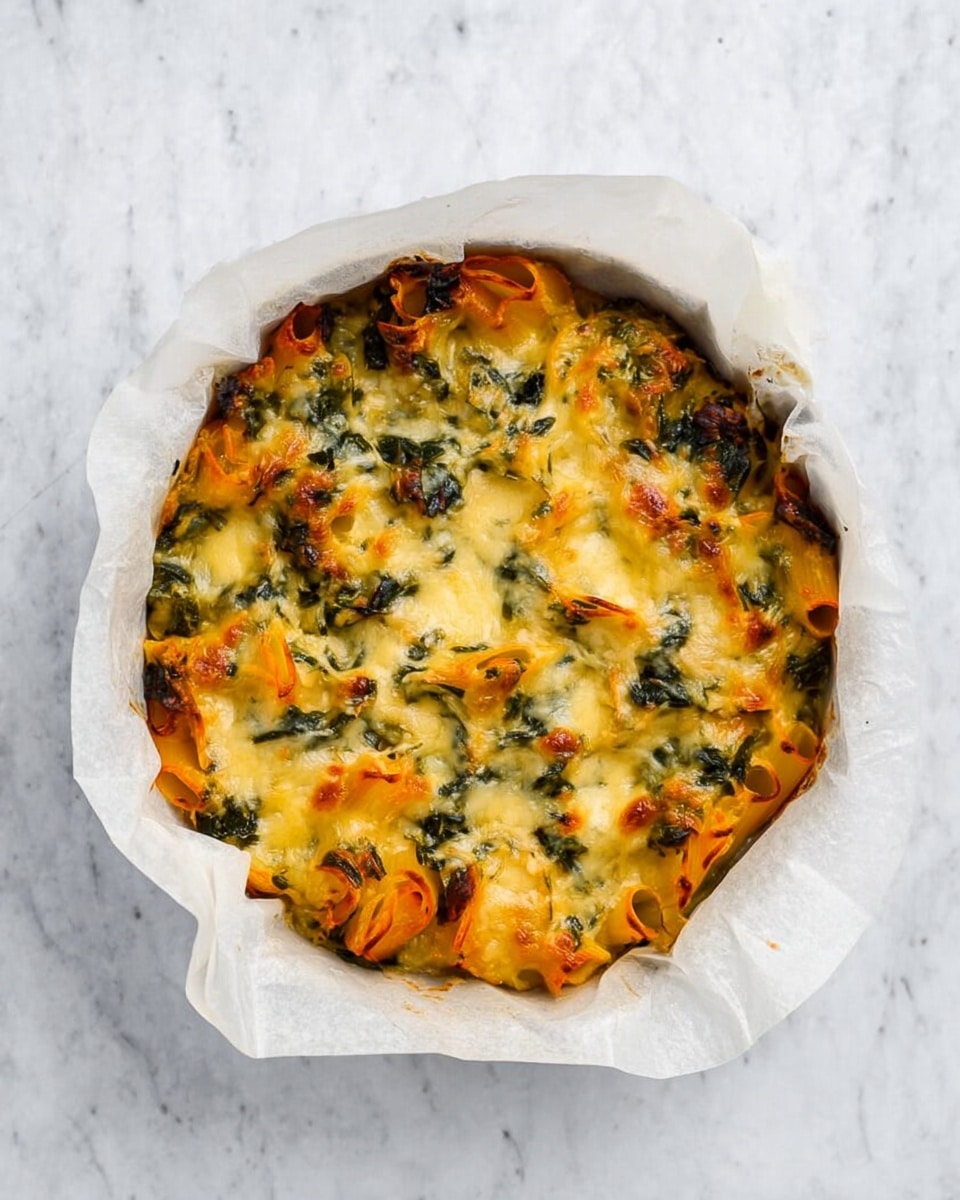 The image shows a round baked pasta dish in a white parchment-lined pan, filled with layers of yellow-orange pasta tubes mixed with green leafy vegetables and topped with melted light yellow cheese that is slightly golden in spots. The pasta pieces are visible on the surface, and the cheese has a smooth, bubbly texture with some browned areas. The background is a white marbled surface, clean and simple, contrasting with the vibrant colors of the dish. Photo taken with an iphone --ar 4:5 --v 7