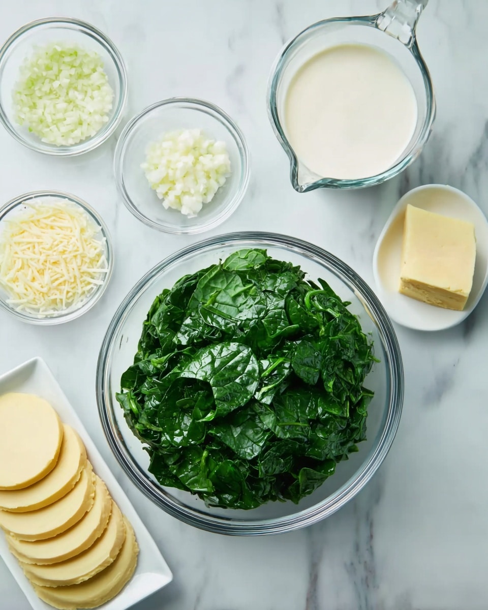 A clear glass bowl filled with bright green chopped spinach sits on a white marbled surface at the center. Above it, a clear glass measuring cup contains white cream. To the left of the cream, there are three small clear bowls arranged neatly: one with finely chopped white onions, one with minced garlic, and one with a yellow slab of butter. Further to the left, a larger clear bowl holds light yellow grated cheese. At the bottom left, a white rectangular plate displays five circular slices of pale yellow cheese in a neat stack. The whole setting is clean and organized, placed on a white marbled background photo taken with an iphone --ar 4:5 --v 7