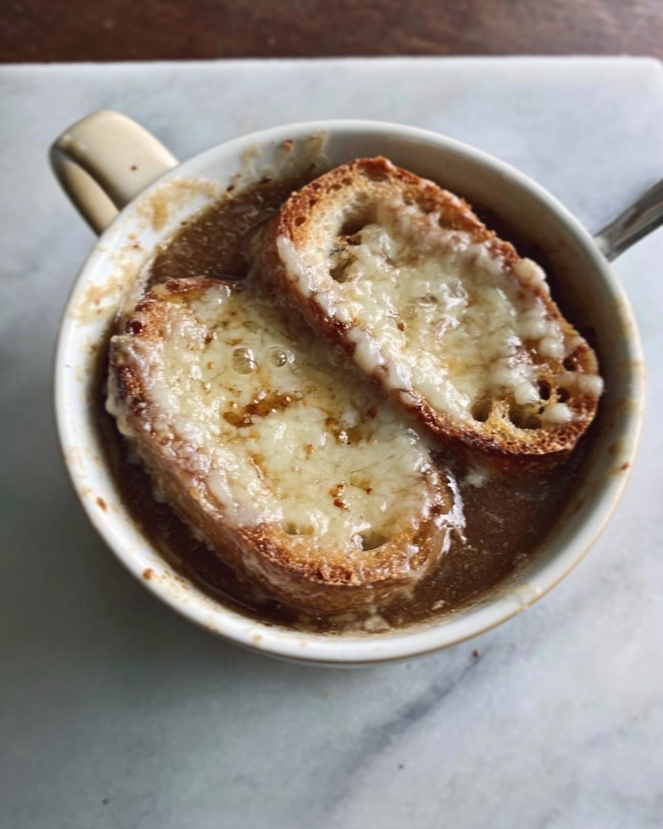 A white cup filled with dark brown French onion soup, topped with two slices of toasted bread that are covered with melted, light golden cheese. The cheese has a slightly bubbly texture and covers the bread completely. The cup is placed on a white marbled surface. photo taken with an iphone --ar 4:5 --v 7