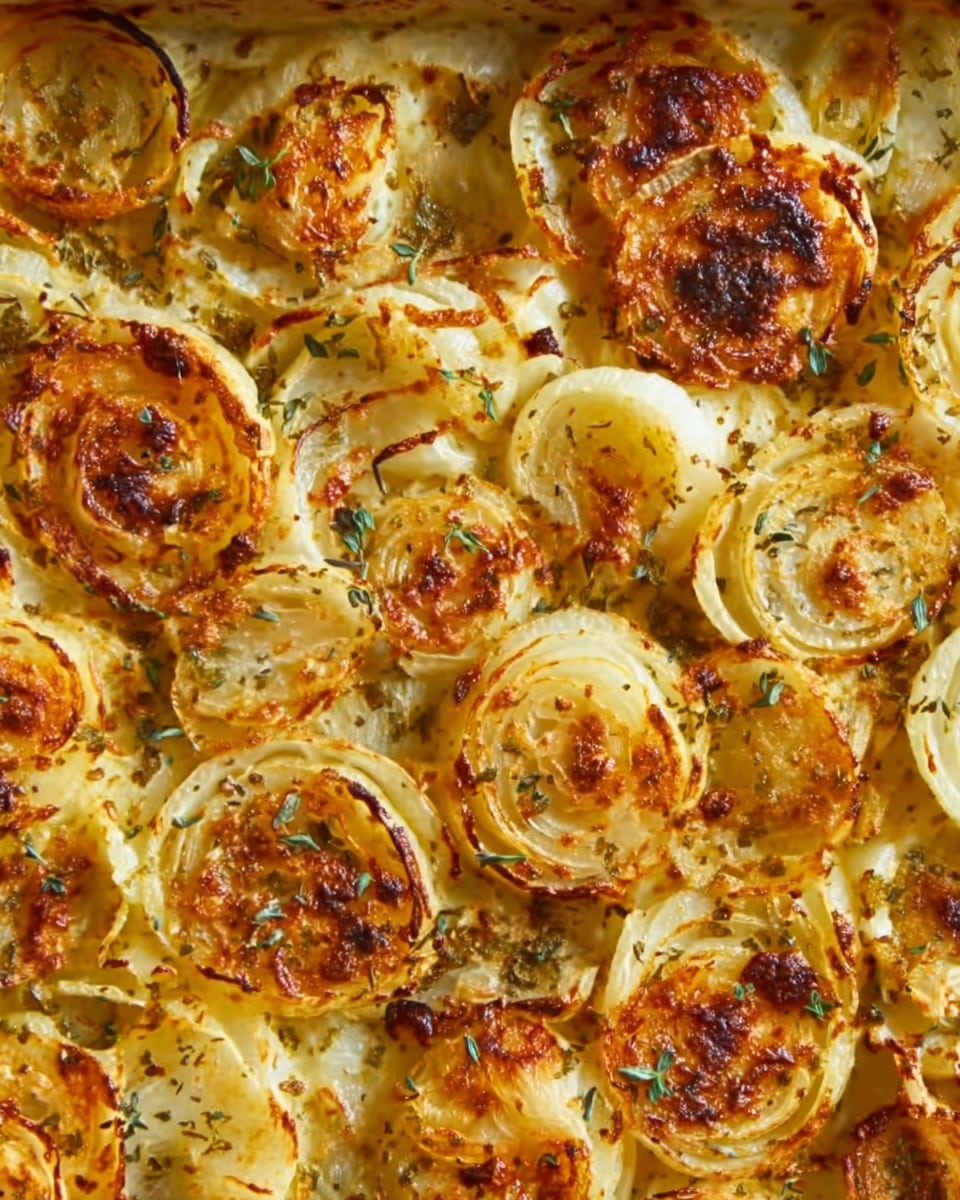 This image shows a close-up view of a baked dish filled with many layers of onion rings. The onions vary in size and are spread evenly, some overlapping others, with a golden brown color and slightly crispy edges. The texture looks soft in the middle with some charred spots on the top layer. Small green herbs are sprinkled lightly across the entire dish, adding a touch of color contrast. The onions have a shiny, slightly oily surface, indicating they were roasted or baked. The background is a white marbled texture. photo taken with an iphone --ar 4:5 --v 7