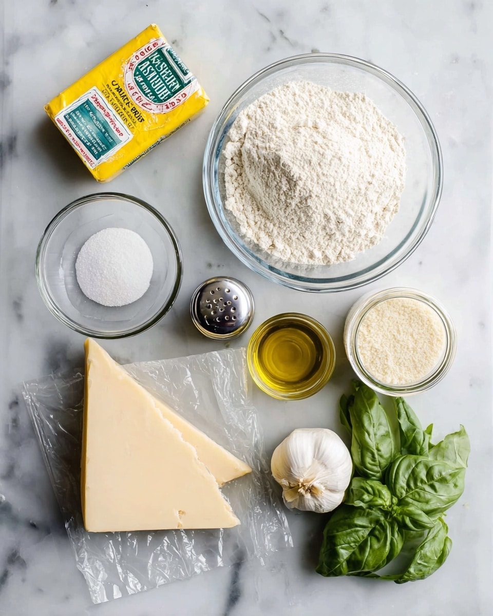 A top-down view of baking ingredients arranged neatly on a white marbled surface: a large clear glass bowl filled with white flour sits at the top right, a small glass bowl of granulated salt is on the left side, beside it a salt shaker with a metal top, and a clear glass jar of light beige garlic powder is placed to the right. A small glass container filled with golden oil is near the center right with a whole white garlic bulb below it. Fresh green basil leaves are at the bottom right corner. On the left, a stick of pale yellow unsalted butter is placed above a triangular wedge of pale yellow Parmesan cheese in clear plastic wrap. A bright yellow packet of Fleischmann’s RapidRise Instant Yeast sits at the top left. photo taken with an iphone --ar 4:5 --v 7