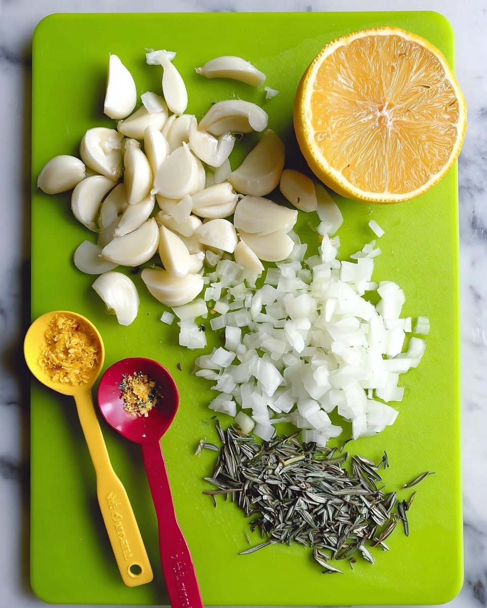 The image shows a top view of a cutting board with chopped ingredients arranged on it. On the top right, there is a half orange lemon with visible segments. Below the lemon, there is a pile of small white chopped onion pieces. To the left of the onion, there is a collection of whole peeled garlic cloves clustered together. Near the bottom left corner, two measuring spoons are placed diagonally, one yellow spoon with light yellow grated zest and one red spoon with dried green rosemary leaves. The cutting board is bright green, and the background texture is white marble. photo taken with an iphone --ar 4:5 --v 7