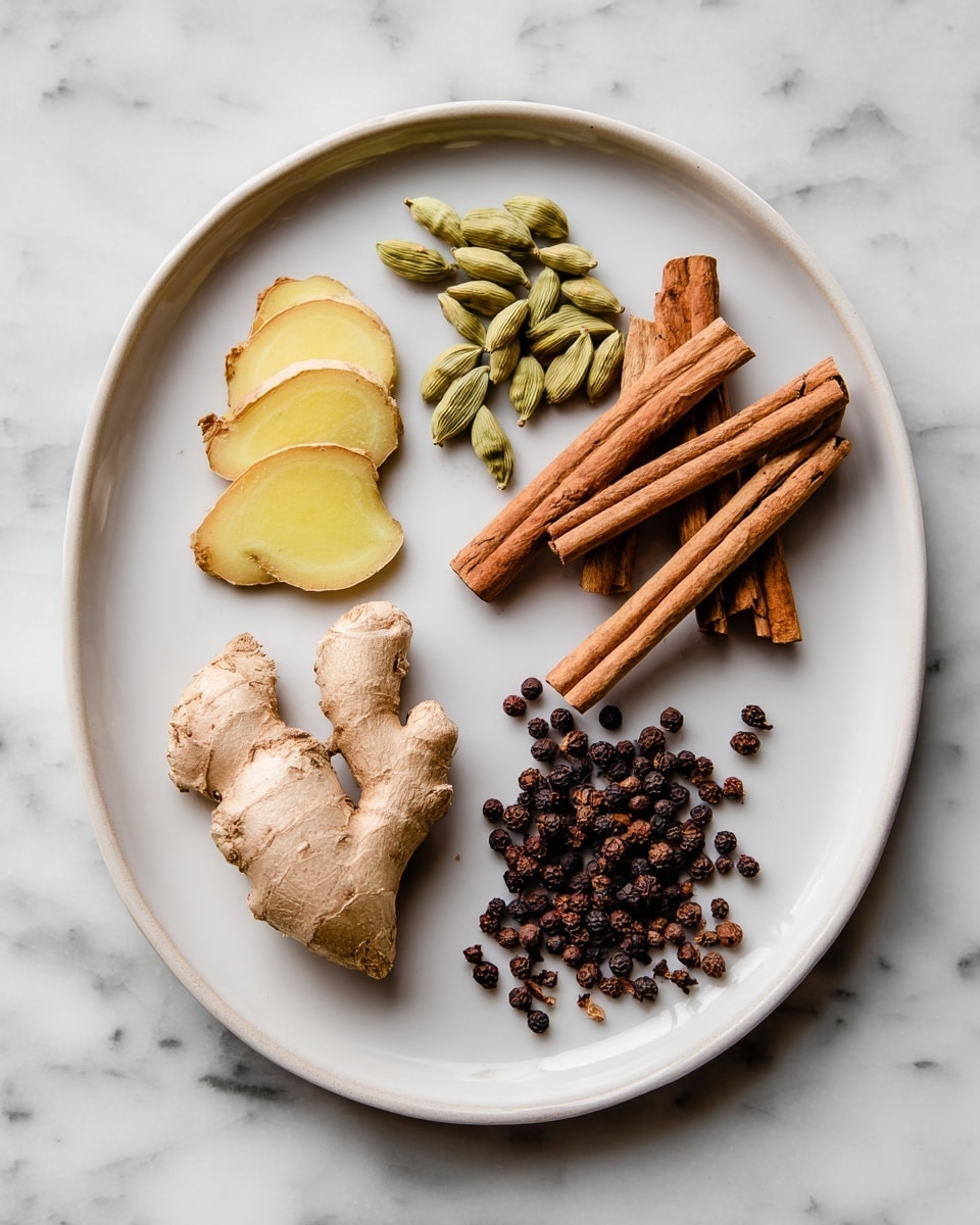 On a white plate, there are five groups of spices arranged with space between them. Starting at the bottom left, there is a whole piece of light brown ginger root with a rough texture. Above it, there are five thin yellow ginger slices stacked slightly overlapping. To the top middle left, a cluster of green cardamom pods with a smooth shell. To the middle right, five cinnamon sticks with a dark brown color, laid close to each other. At the bottom right, a small pile of dark brown cloves with round heads and stems, and next to them, a group of dark brown peppercorns scattered loosely. The plate sits on a white marbled surface. photo taken with an iphone --ar 4:5 --v 7