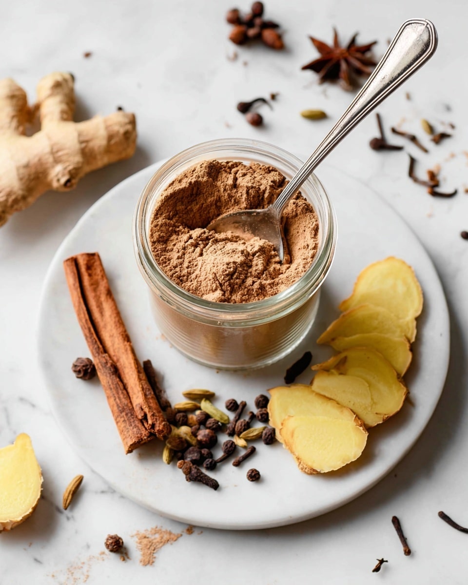 A small clear glass jar filled with fine light brown powder, with a silver spoon resting inside and slightly dipped in the powder, placed on a white round plate. Around the jar on the plate are whole spices including cinnamon sticks, cloves, allspice, and cardamom pods, along with a piece of ginger root with its yellow inside visible. More ginger slices and scattered cloves and cardamom pods lie on the white marbled surface underneath. The scene is bright and clean with a simple arrangement. photo taken with an iphone --ar 4:5 --v 7