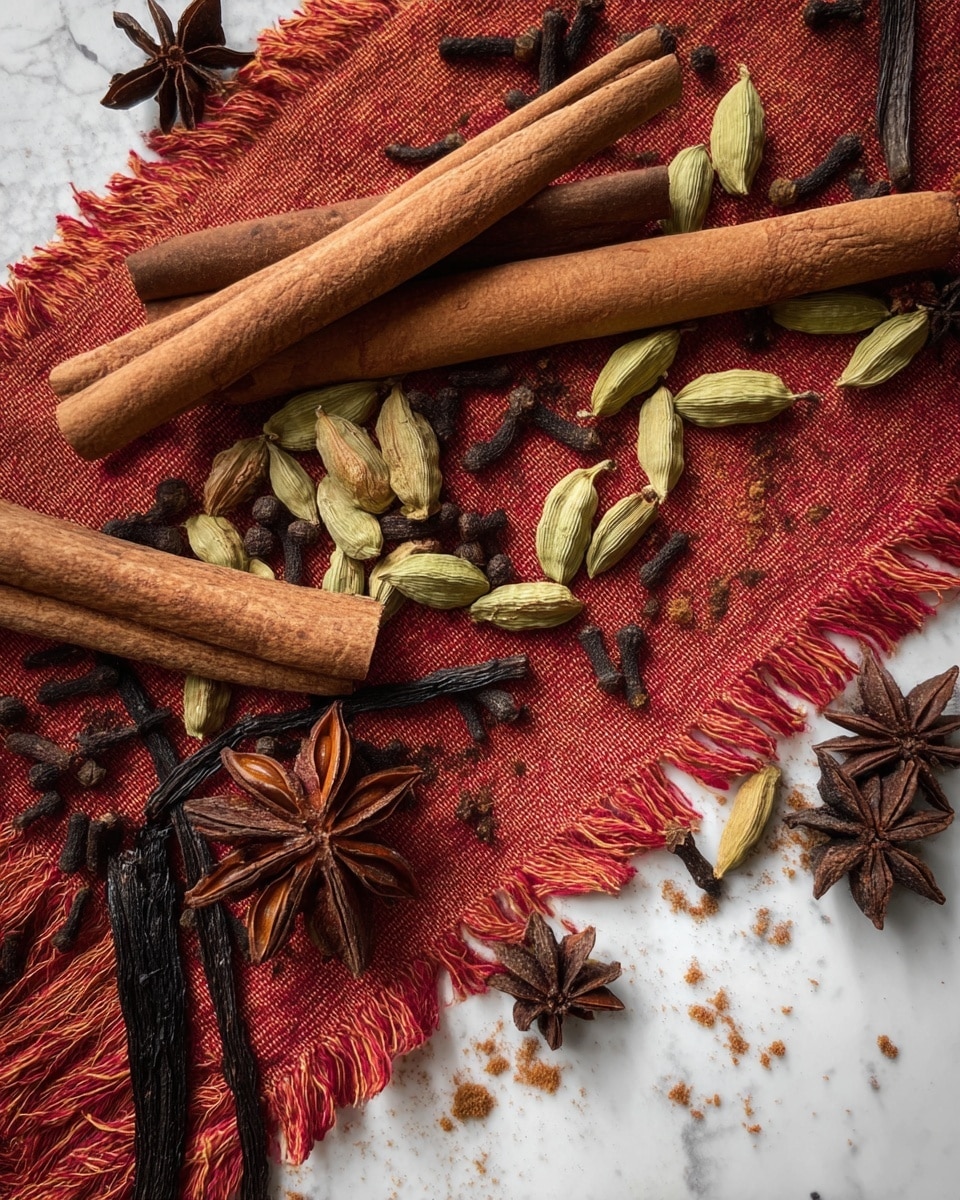 The image shows a mix of spices spread over a red cloth with fringes, placed on a white marbled surface. The spices include long cinnamon sticks with a brown color and rough texture, green cardamom pods with a smooth surface, dark brown star anise with a star shape, black vanilla pods that are long and thin, and small black cloves with pointed tips scattered around. The spices are spread randomly, some resting on the cloth and others directly on the white marbled surface. The cloth adds a warm, textured background to the earthy tones of the spices. Photo taken with an iphone --ar 4:5 --v 7
