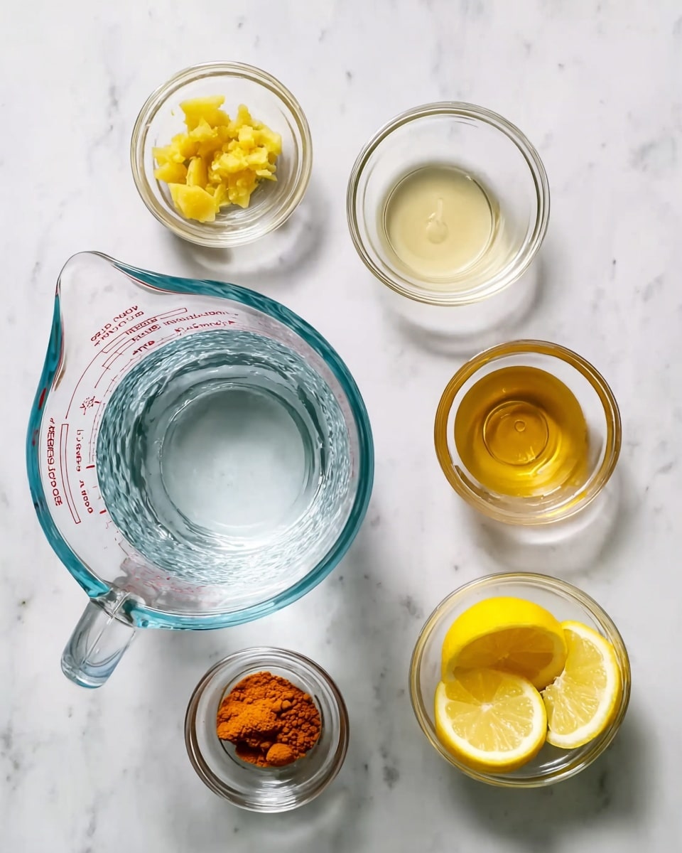 The image shows six clear glass bowls and a clear glass measuring cup placed on a white marbled surface. The measuring cup is filled with water and positioned at the bottom left. To the top left is a small bowl with chopped yellow ginger. To the top right is a bowl with a light golden liquid, likely honey or oil. In the center, there is a small bowl with bright orange powder, and below it, another small bowl contains dark brown powder. To the far right is a bowl with four lemon wedges, arranged upright in a circular shape. All items are neat and clearly visible with soft natural lighting. Photo taken with an iphone --ar 4:5 --v 7