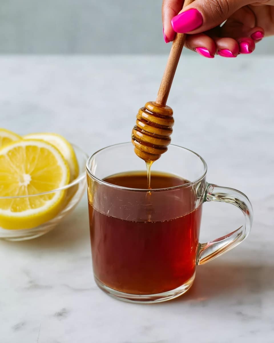 A clear glass mug filled with dark amber tea sits on a white marbled surface. Above the mug, a woman's hand with bright pink nails holds a wooden honey dipper, slowly dripping golden honey into the tea. To the left of the mug, a small clear glass bowl contains bright yellow lemon wedges, adding a fresh contrast to the scene. The overall look is clean, simple, and warm. photo taken with an iphone --ar 4:5 --v 7
