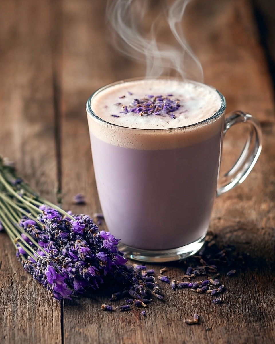 A clear glass cup filled with a smooth lavender-colored latte, topped with a light layer of frothy cream and sprinkled with small purple lavender buds. The cup sits on a rustic wooden surface next to a small bundle of fresh lavender flowers with green stems, some petals scattered casually around. Wisps of steam rise gently from the warm drink. The background is softly blurred wood. photo taken with an iphone --ar 4:5 --v 7
