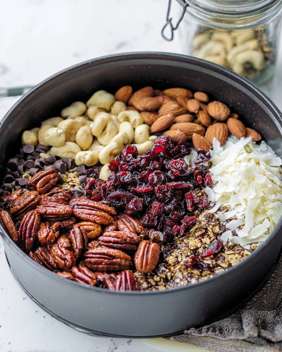 Inside a black round pan, a mix of nuts and toppings is arranged in distinct groups. The bottom layer is a dark brown granola base, topped with whole pecans of a glossy rust color clustered in the foreground. To the left, a pile of light brown almonds sits next to darker brown cashews. In the middle, small semi-sweet chocolate chips scatter over some dried red cranberries with a slightly wrinkled texture. On the right, thin, white coconut shavings are spread over more cranberries. The pan is placed on a white marbled surface, and there is a blurry glass jar in the background. Photo taken with an iphone --ar 4:5 --v 7