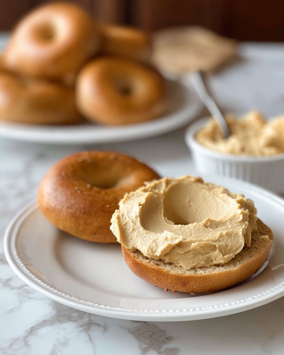 The image shows a bagel sliced in half and placed on a white plate with small raised dots along the edge. The bottom half of the bagel is spread with a thick, creamy light tan spread that looks smooth and fluffy. The top half of the bagel, golden brown and slightly textured, rests tilted on the side of the bottom half. In the background, slightly blurred, there is a white plate stacked with more golden brown bagels and a white dish with a small spoon resting inside, containing more of the light tan spread. The surface beneath everything is a white marbled texture. Photo taken with an iphone --ar 4:5 --v 7