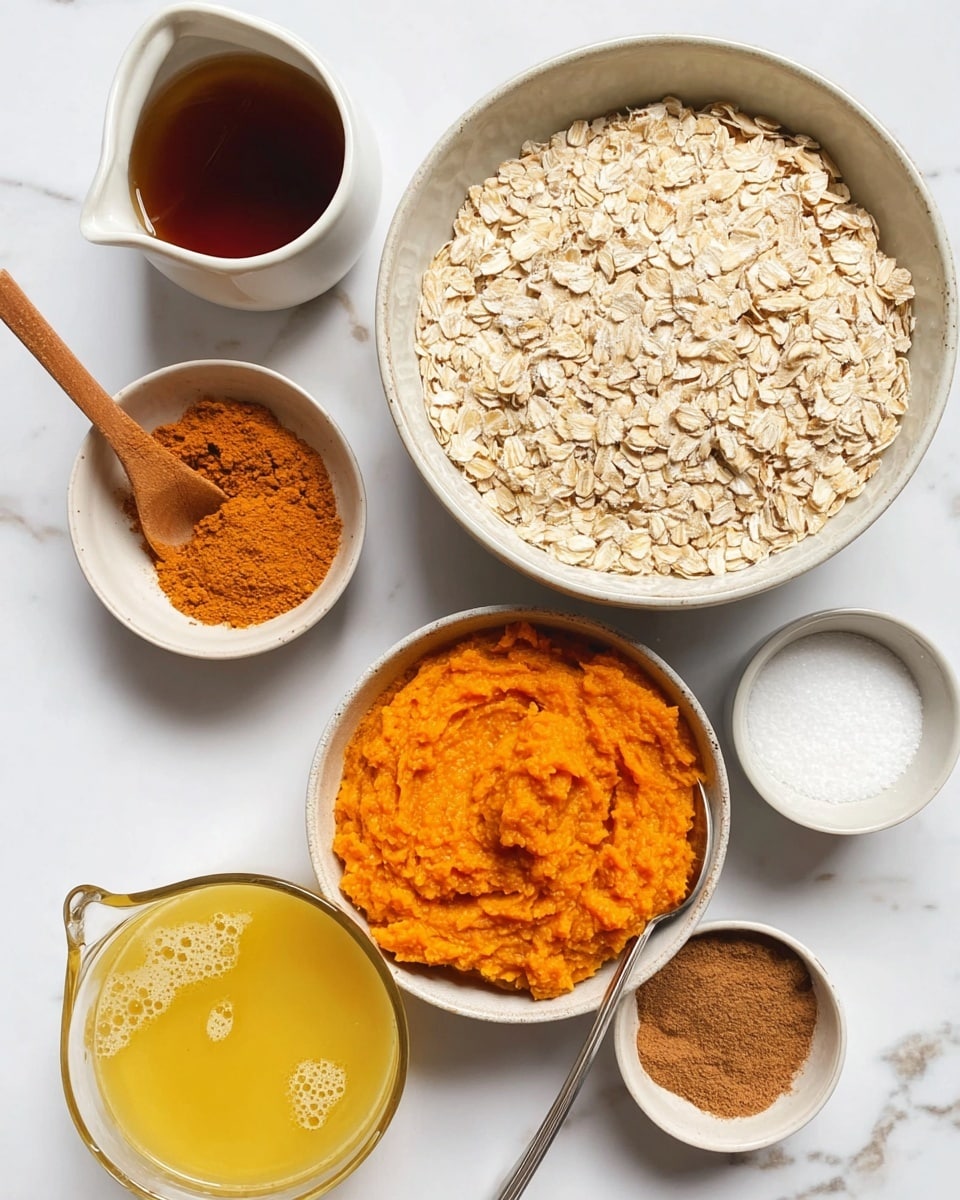 A top view of several white bowls and a glass measuring cup arranged on a white marbled surface. The large bowl in the middle holds pale beige rolled oats with a coarse flat texture. Below it, a bowl filled with bright orange, smooth pumpkin puree with a spoon resting inside. To the left, a white bowl contains orange powdered spice with a small wooden spoon inside, and below it another white bowl holds brown powdered spice. A small white bowl on the right contains white granulated sugar nearby. To the right top corner, a white jug is filled with dark amber syrup. The clear glass measuring cup at the bottom left holds light yellow melted butter with small bubbles on the surface. photo taken with an iphone --ar 4:5 --v 7
