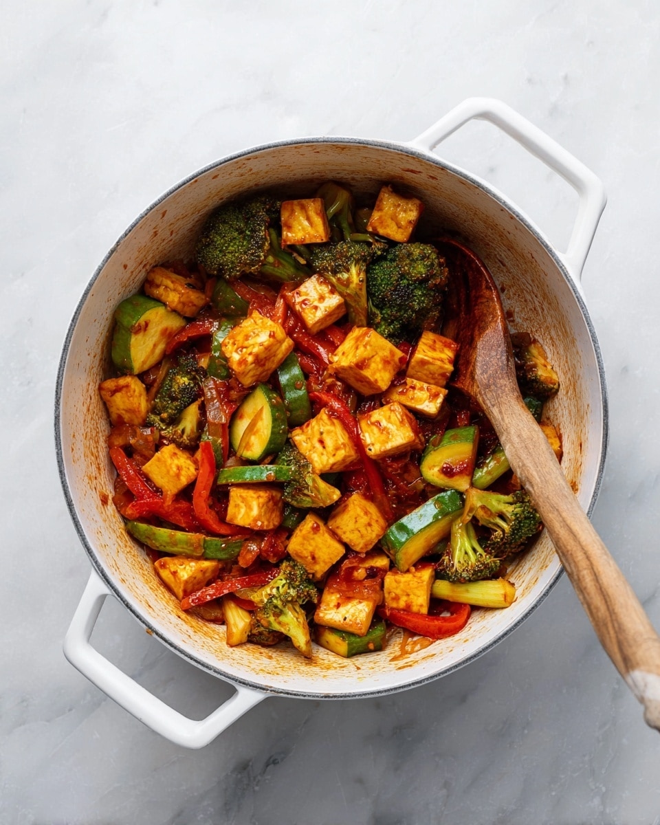 A white pot filled with a mix of cubed yellow tofu, bright green broccoli florets, sliced green zucchini, and long strips of red bell pepper, all coated in a reddish sauce. The ingredients are evenly mixed, and a wooden spoon rests inside the pot with its handle pointing outward. The pot sits on a white marbled surface. photo taken with an iphone --ar 4:5 --v 7