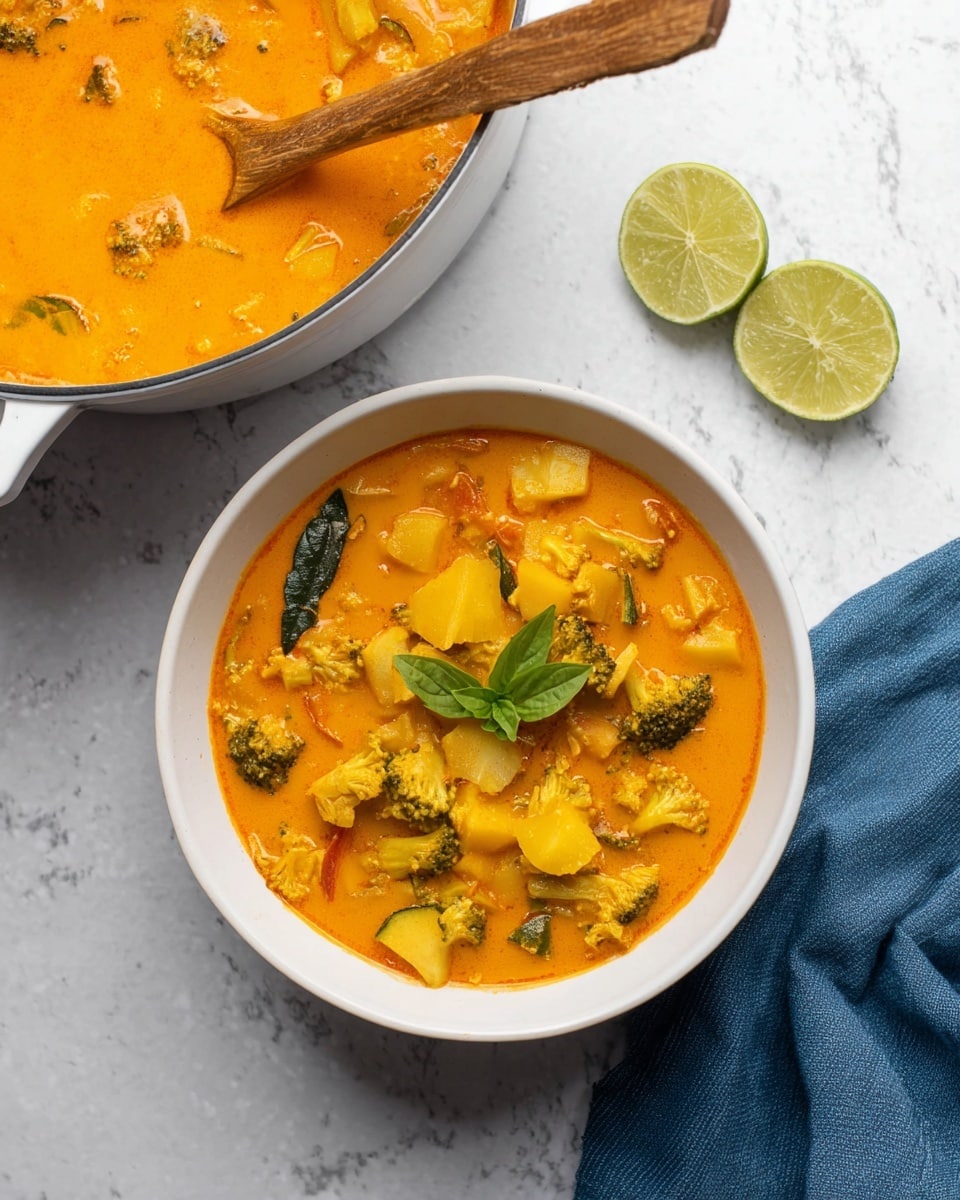 A white bowl filled with a thick orange curry containing chunks of yellow and green vegetables, with visible pieces of broccoli, potato, and leafy greens mixed throughout. On top, two lime wedges and a small sprig of green basil leaves add fresh color. Next to the bowl, there is a white pot with more of the same curry, a wooden spoon resting inside it, all placed on a white marbled surface with a blue cloth partially visible at the bottom right corner. photo taken with an iphone --ar 4:5 --v 7