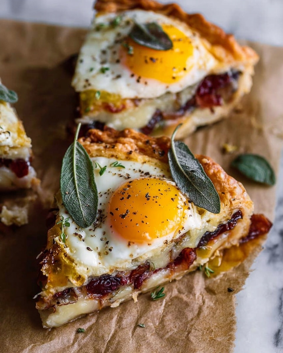The image shows three slices of a savory pie with layers clearly visible. The bottom layer is a light brown flaky crust. Above the crust is a layer of dark red filling, likely a mix of cooked vegetables or meat. On top of this is a melted beige cheese layer that looks soft and creamy. The top layer is a fried egg with a bright yellow yolk and white crispy edges, each egg garnished with a few green leaves, possibly sage, and a sprinkle of black pepper. The slices are placed on brown parchment paper on a white marbled surface. Photo taken with an iphone --ar 4:5 --v 7