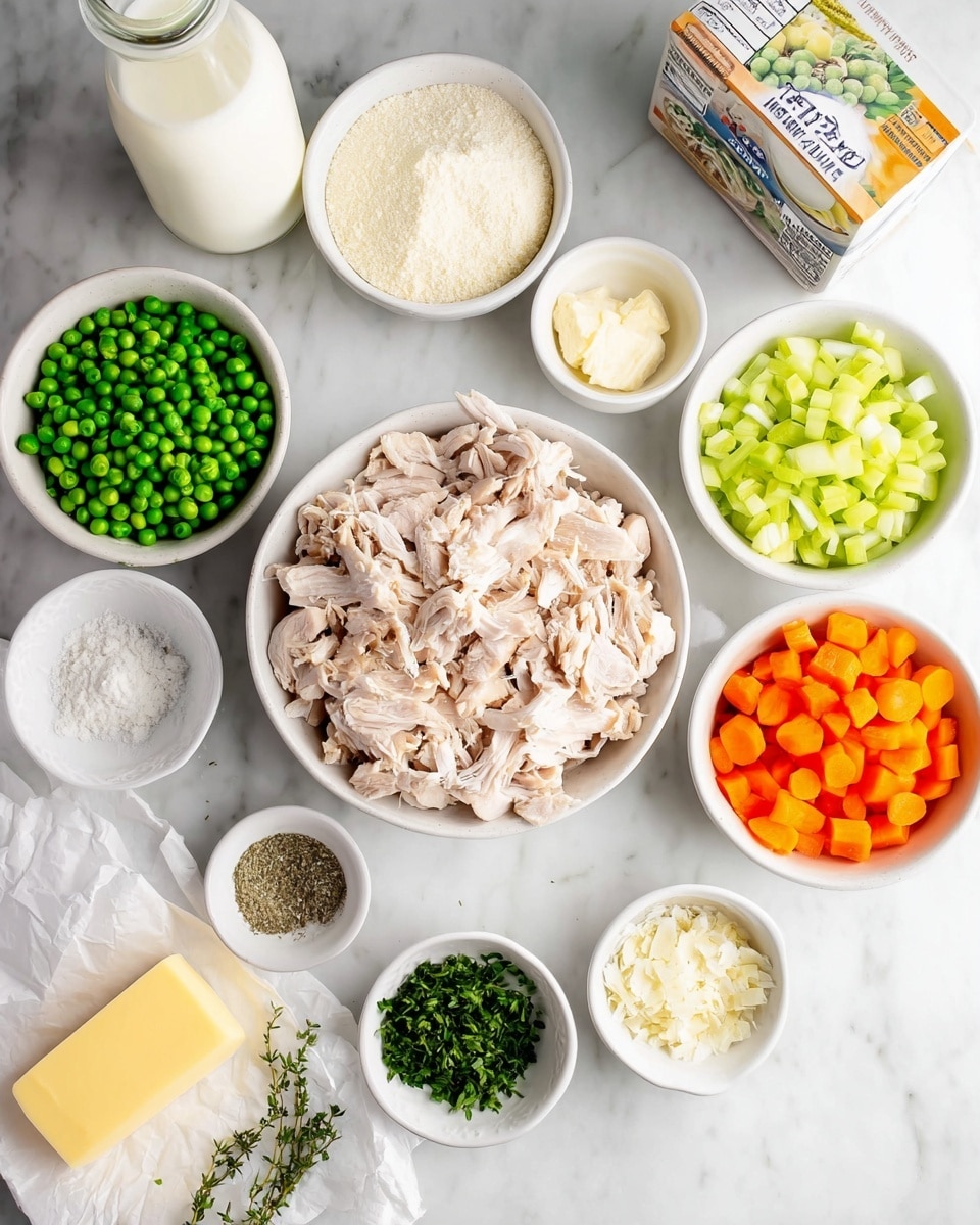 A top view of many white bowls with different ingredients arranged on a white marbled surface; the largest bowl holds shredded light brown cooked chicken pieces in the center, surrounded by medium white bowls with chopped celery, bright orange sliced carrots, bright green peas, and chopped white onions. There are smaller white bowls with flour, chopped parsley, minced garlic, salt and pepper mix, and fresh thyme sprigs. A stick of yellow butter rests on partially opened white paper on the bottom left, a bottle of white milk is on the left side, and a carton of bone broth stands on the top right. The lighting is bright and soft, creating a fresh cooking ingredient display. photo taken with an iphone --ar 4:5 --v 7